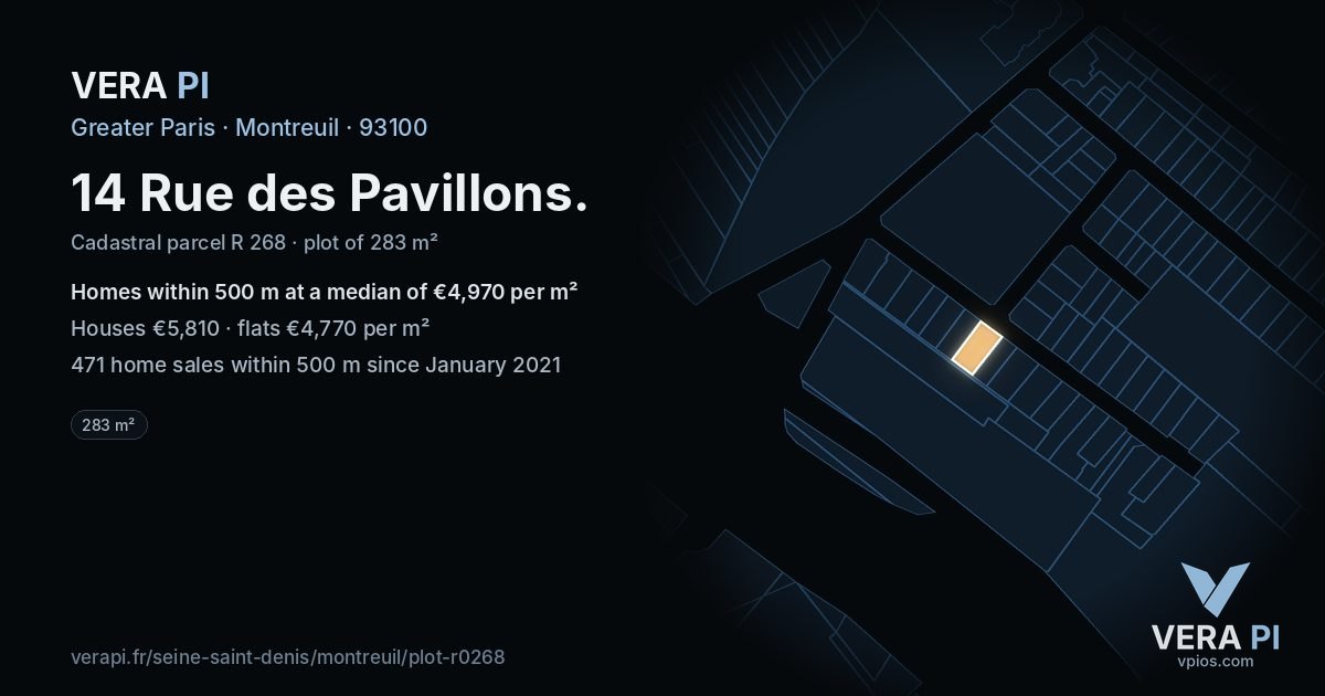 14 Rue des Pavillons, Montreuil at night – the plot lit, the parcels around coloured by the prices near them