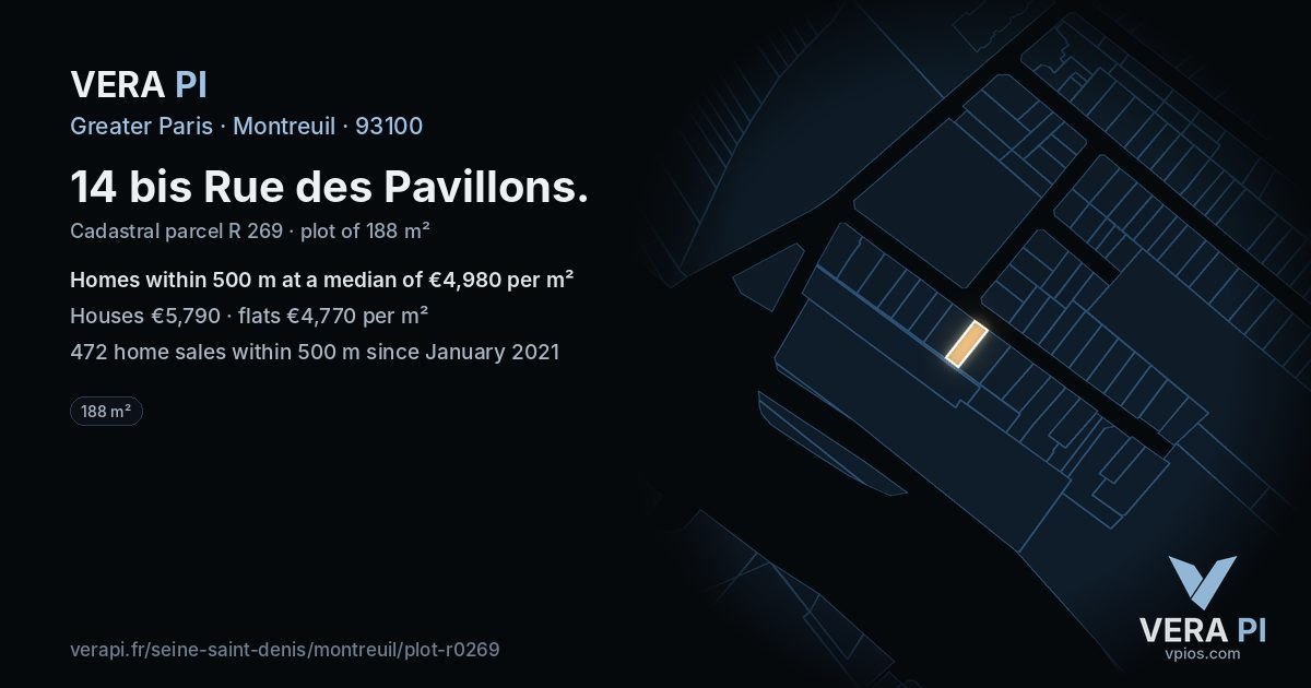 14 bis Rue des Pavillons, Montreuil at night – the plot lit, the parcels around coloured by the prices near them