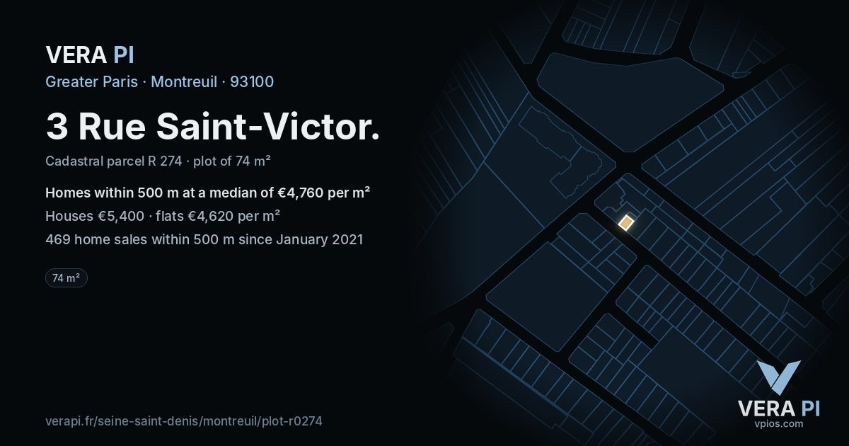 3 Rue Saint-Victor, Montreuil at night – the plot lit, the parcels around coloured by the prices near them