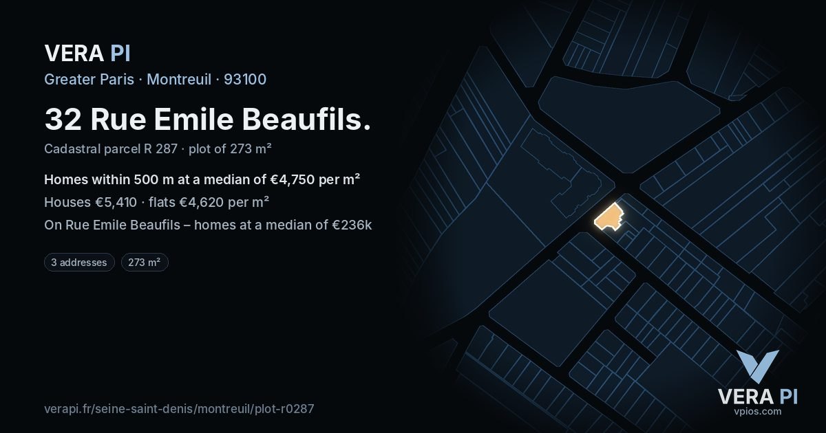 32 Rue Emile Beaufils, Montreuil at night – the plot lit, the parcels around coloured by the prices near them
