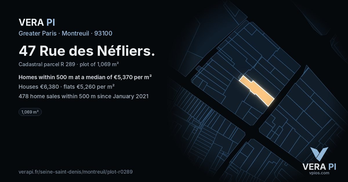 47 Rue des Néfliers, Montreuil at night – the plot lit, the parcels around coloured by the prices near them