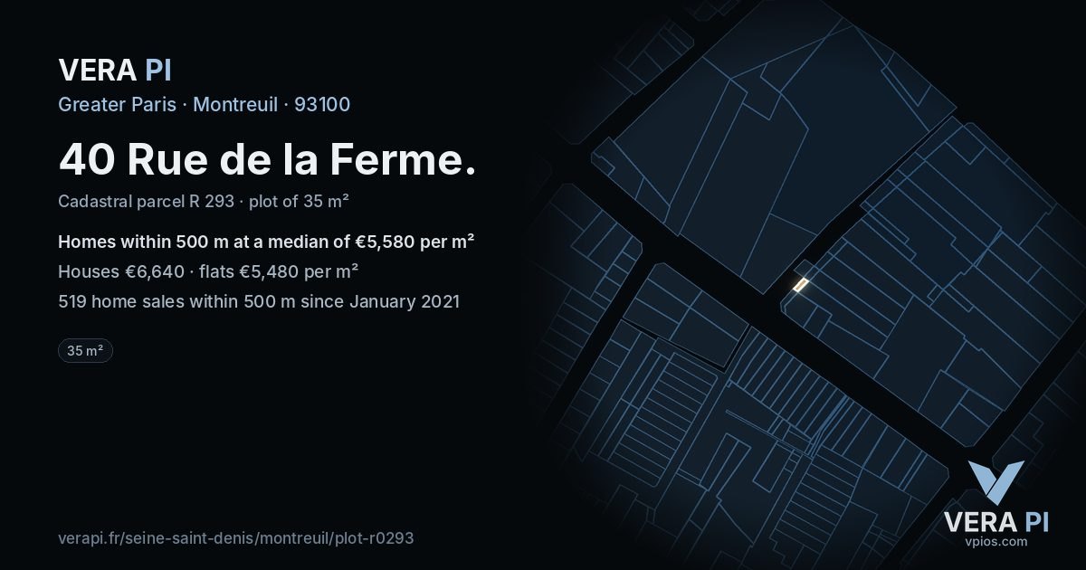 40 Rue de la Ferme, Montreuil at night – the plot lit, the parcels around coloured by the prices near them