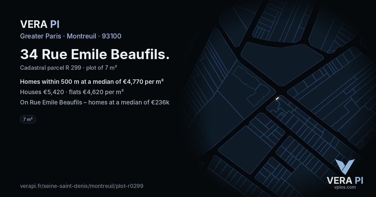 34 Rue Emile Beaufils, Montreuil at night – the plot lit, the parcels around coloured by the prices near them