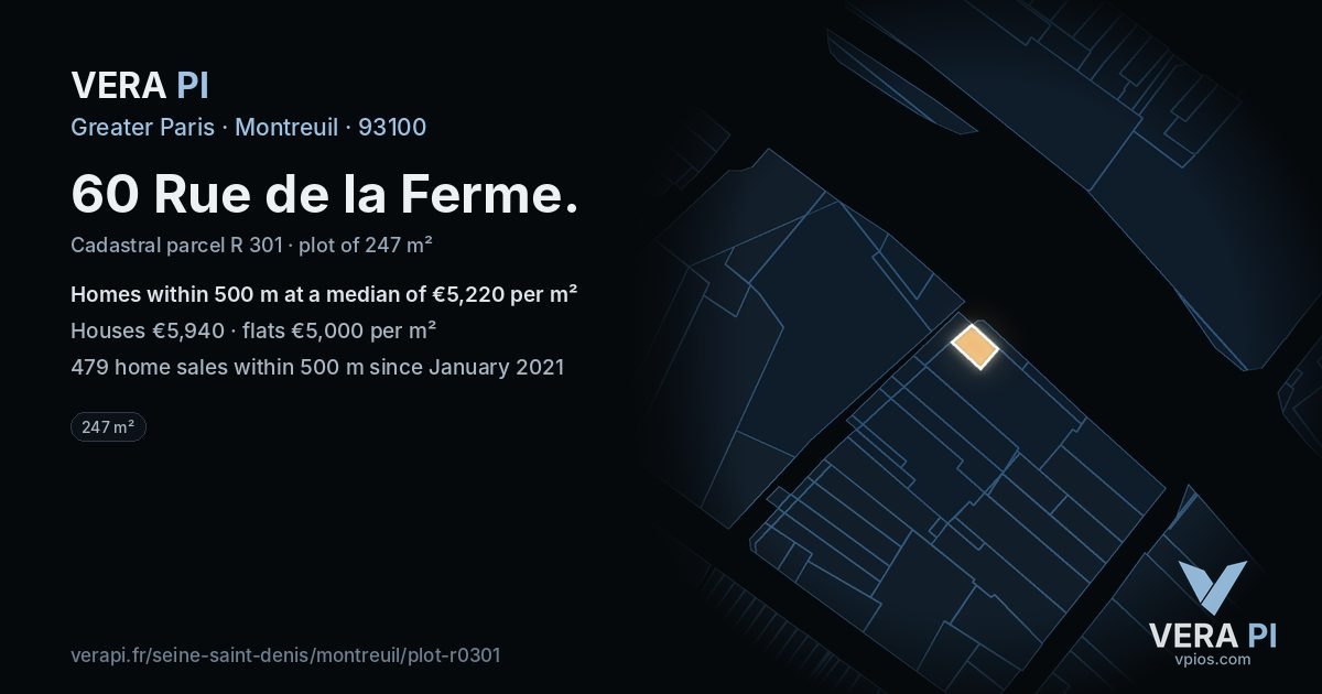60 Rue de la Ferme, Montreuil at night – the plot lit, the parcels around coloured by the prices near them