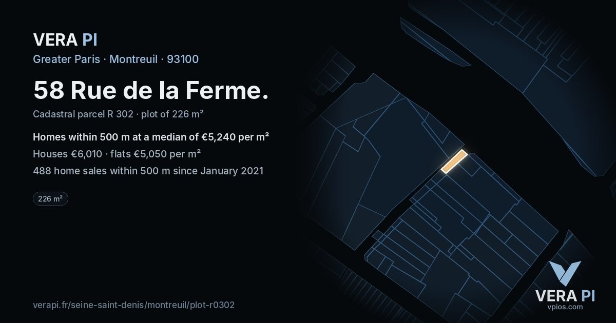58 Rue de la Ferme, Montreuil at night – the plot lit, the parcels around coloured by the prices near them