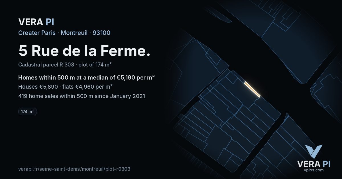 5 Rue de la Ferme, Montreuil at night – the plot lit, the parcels around coloured by the prices near them