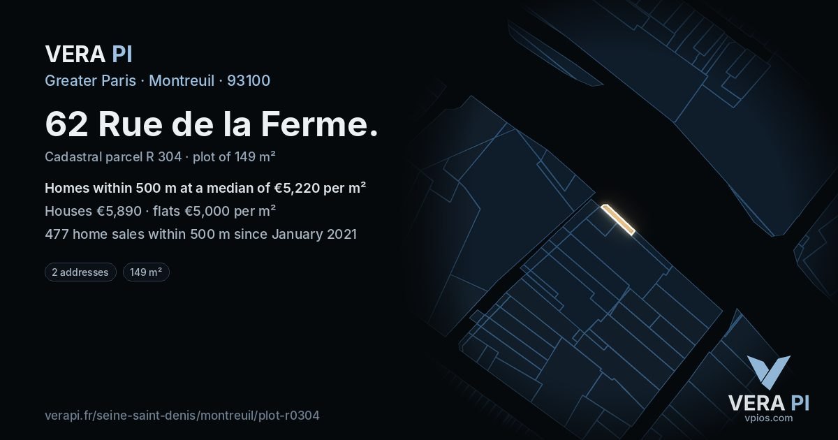 62 Rue de la Ferme, Montreuil at night – the plot lit, the parcels around coloured by the prices near them
