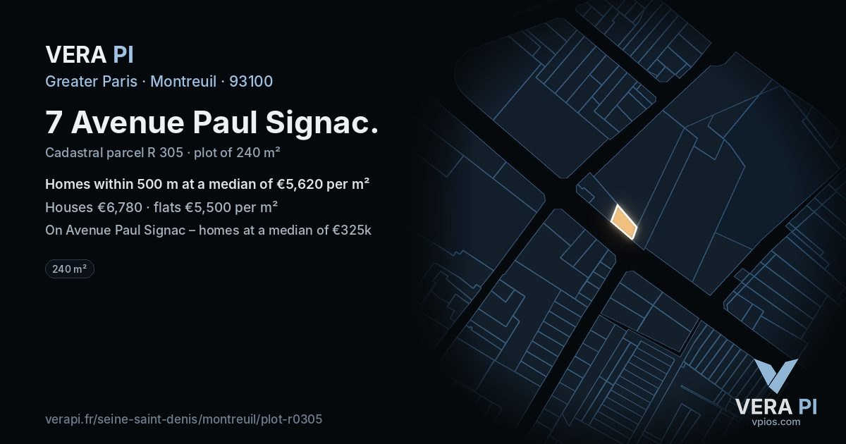 7 Avenue Paul Signac, Montreuil at night – the plot lit, the parcels around coloured by the prices near them