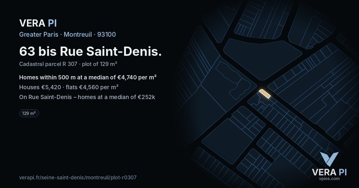 63 bis Rue Saint-Denis, Montreuil at night – the plot lit, the parcels around coloured by the prices near them