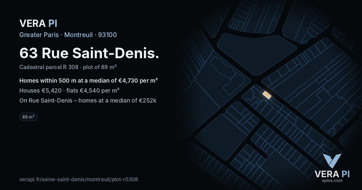 63 Rue Saint-Denis, Montreuil at night – the plot lit, the parcels around coloured by the prices near them