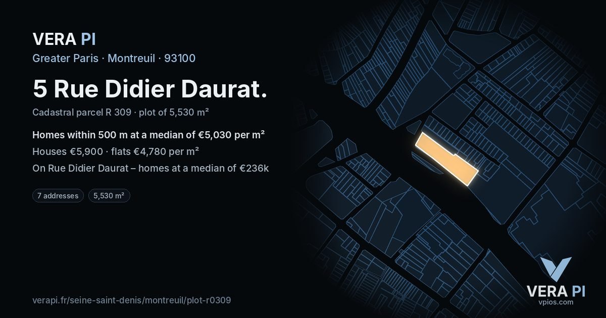 5 Rue Didier Daurat, Montreuil at night – the plot lit, the parcels around coloured by the prices near them