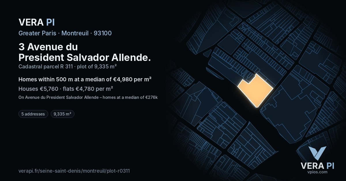 3 Avenue du President Salvador Allende, Montreuil at night – the plot lit, the parcels around coloured by the prices near them