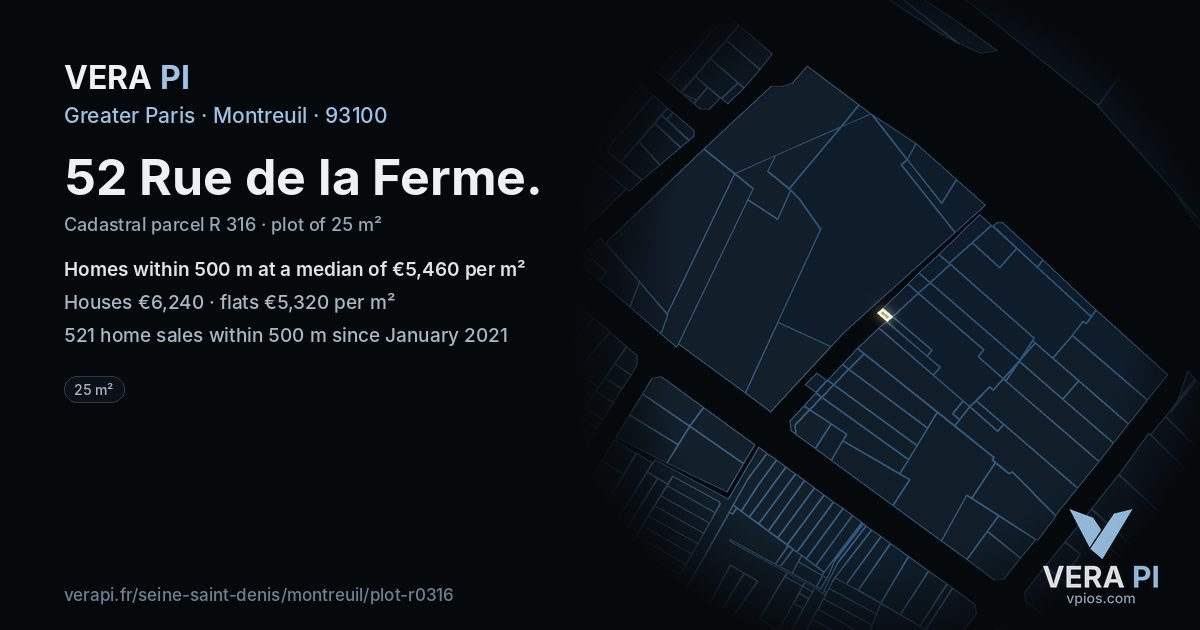 52 Rue de la Ferme, Montreuil at night – the plot lit, the parcels around coloured by the prices near them