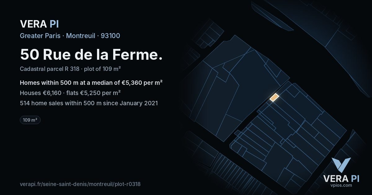 50 Rue de la Ferme, Montreuil at night – the plot lit, the parcels around coloured by the prices near them