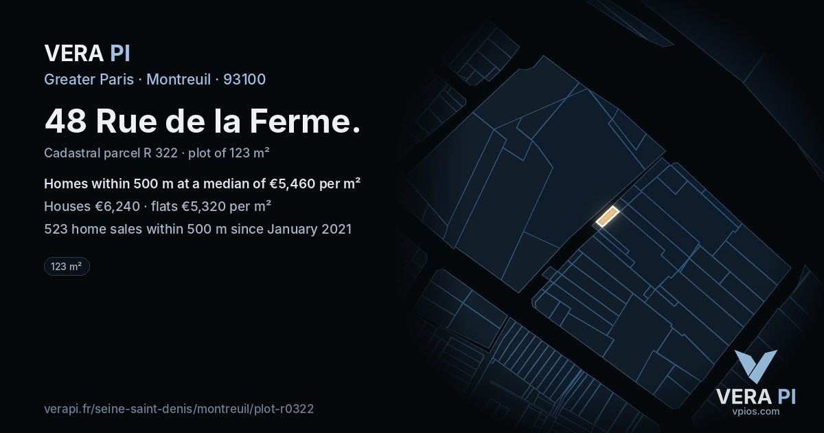 48 Rue de la Ferme, Montreuil at night – the plot lit, the parcels around coloured by the prices near them