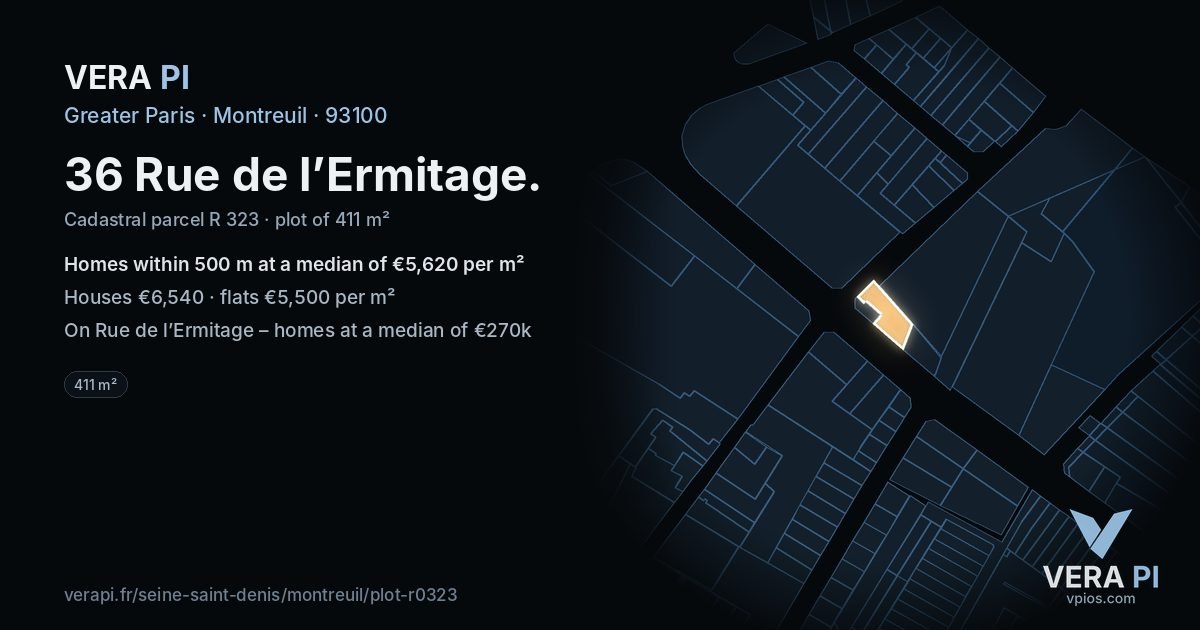 36 Rue de l’Ermitage, Montreuil at night – the plot lit, the parcels around coloured by the prices near them