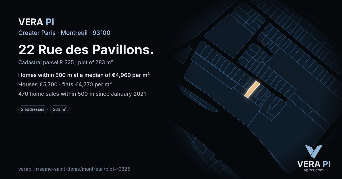 22 Rue des Pavillons, Montreuil at night – the plot lit, the parcels around coloured by the prices near them