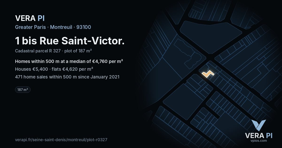 1 bis Rue Saint-Victor, Montreuil at night – the plot lit, the parcels around coloured by the prices near them