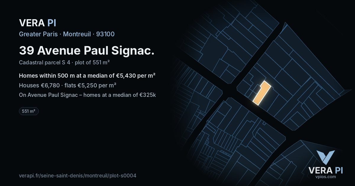 39 Avenue Paul Signac, Montreuil at night – the plot lit, the parcels around coloured by the prices near them