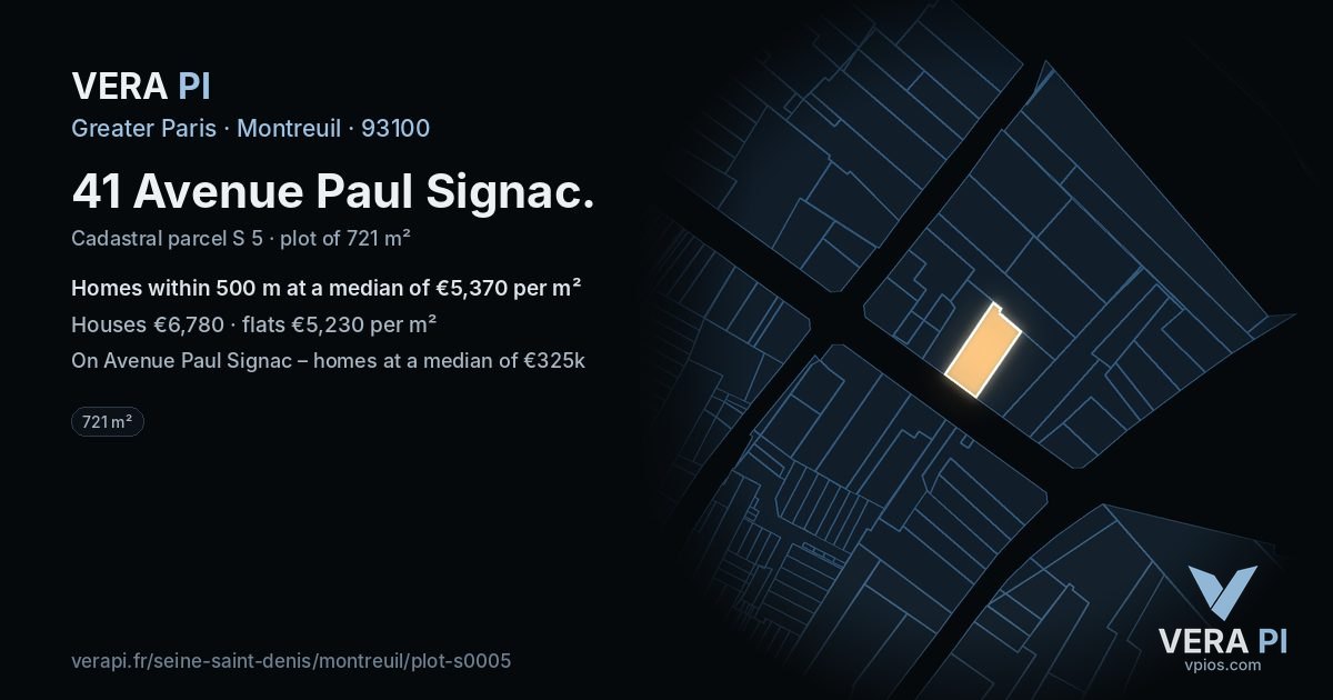 41 Avenue Paul Signac, Montreuil at night – the plot lit, the parcels around coloured by the prices near them