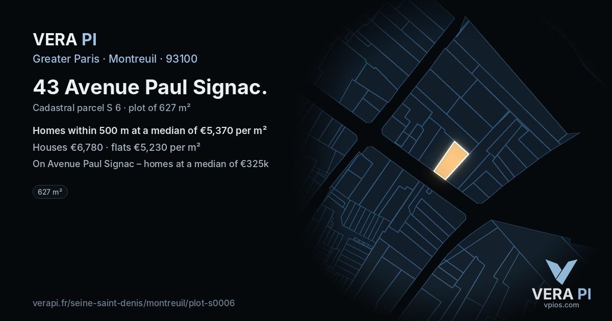 43 Avenue Paul Signac, Montreuil at night – the plot lit, the parcels around coloured by the prices near them