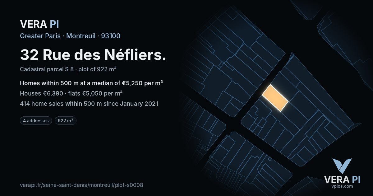 32 Rue des Néfliers, Montreuil at night – the plot lit, the parcels around coloured by the prices near them