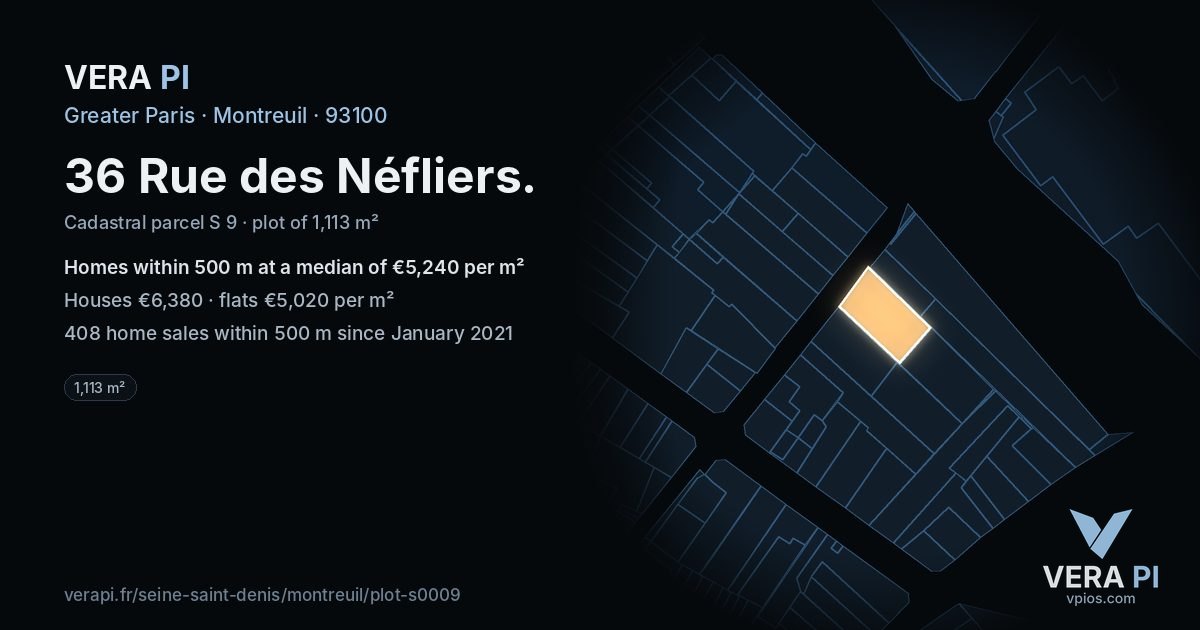36 Rue des Néfliers, Montreuil at night – the plot lit, the parcels around coloured by the prices near them