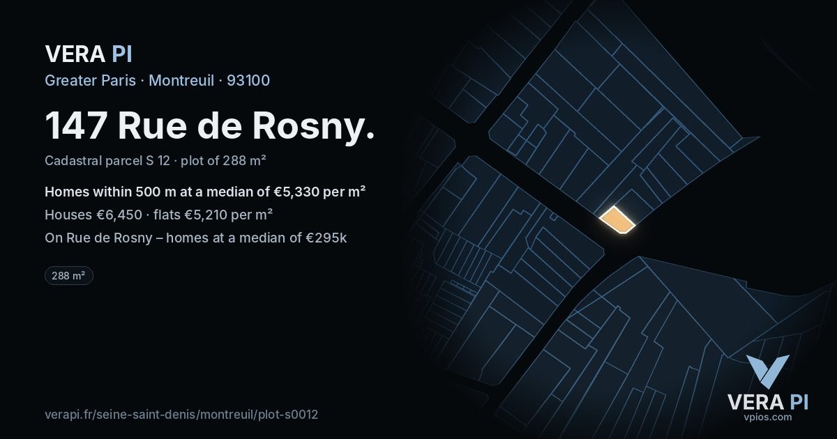 147 Rue de Rosny, Montreuil at night – the plot lit, the parcels around coloured by the prices near them