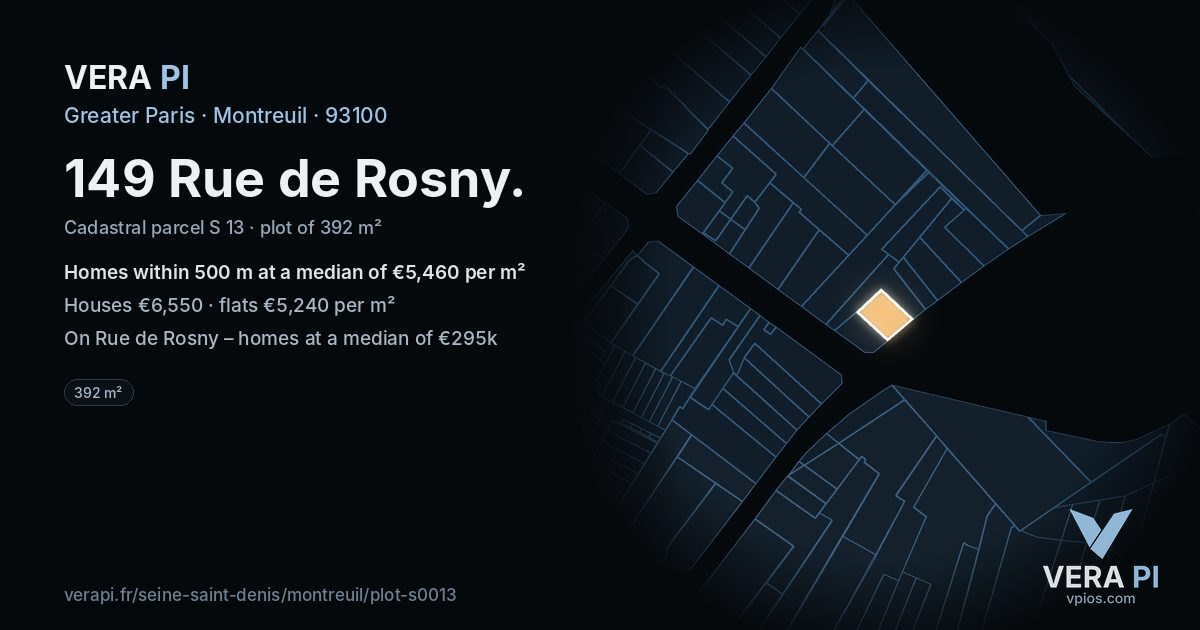 149 Rue de Rosny, Montreuil at night – the plot lit, the parcels around coloured by the prices near them