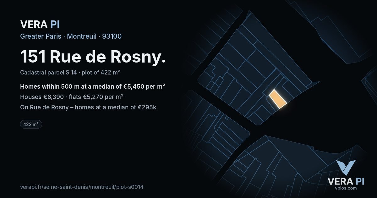 151 Rue de Rosny, Montreuil at night – the plot lit, the parcels around coloured by the prices near them