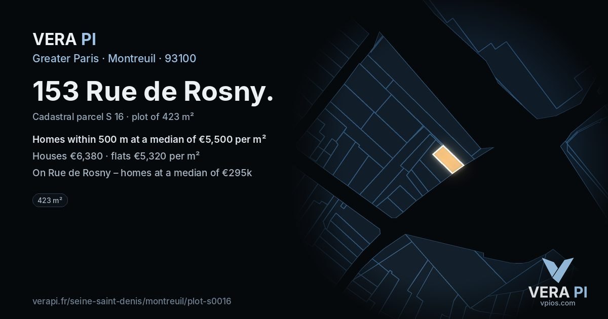 153 Rue de Rosny, Montreuil at night – the plot lit, the parcels around coloured by the prices near them