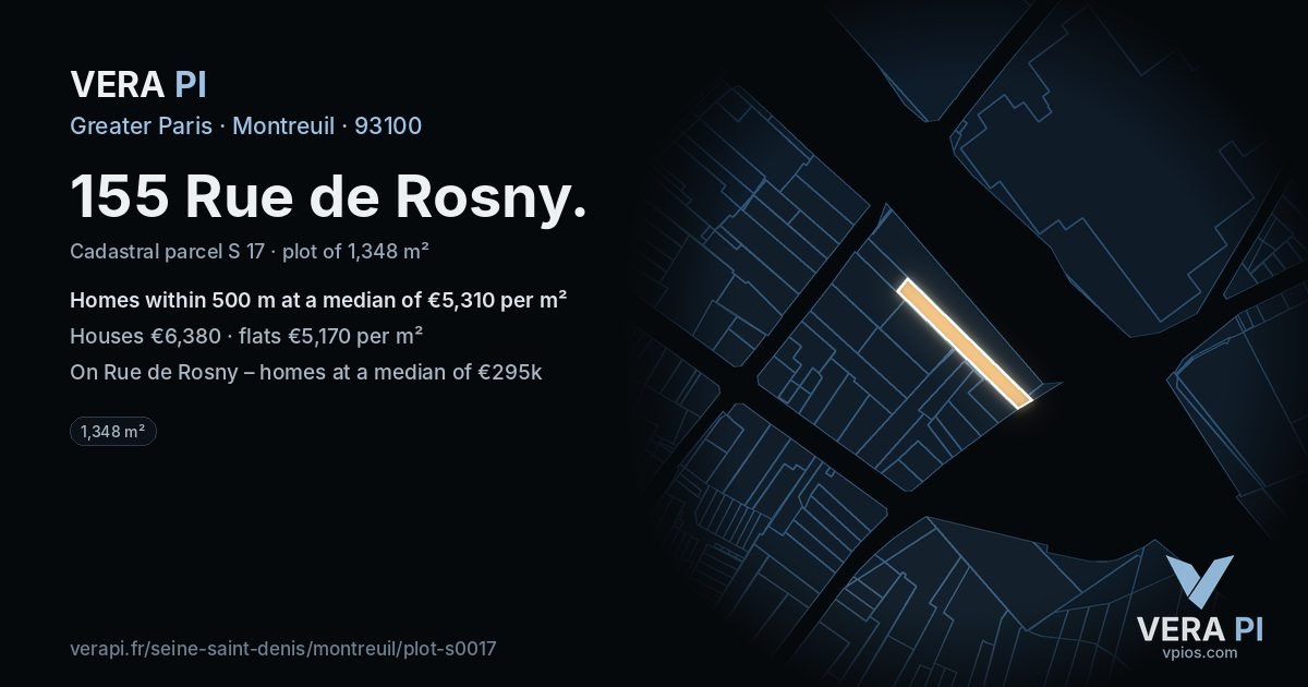 155 Rue de Rosny, Montreuil at night – the plot lit, the parcels around coloured by the prices near them