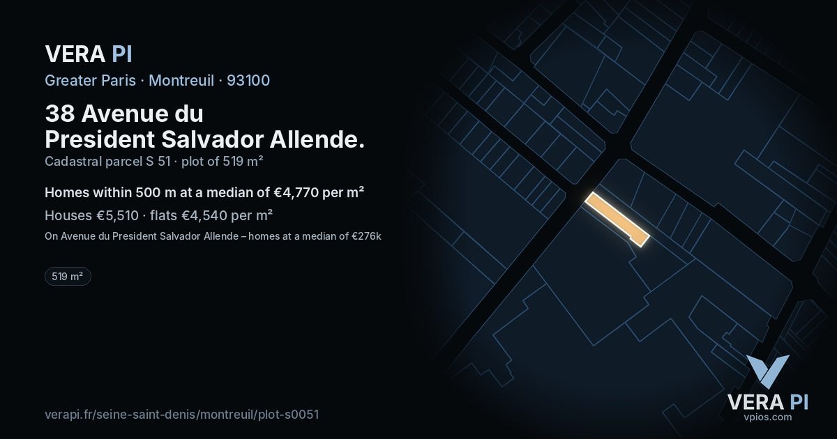 38 Avenue du President Salvador Allende, Montreuil at night – the plot lit, the parcels around coloured by the prices near them