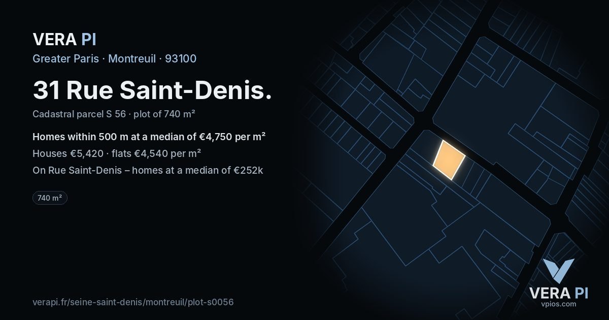 31 Rue Saint-Denis, Montreuil at night – the plot lit, the parcels around coloured by the prices near them
