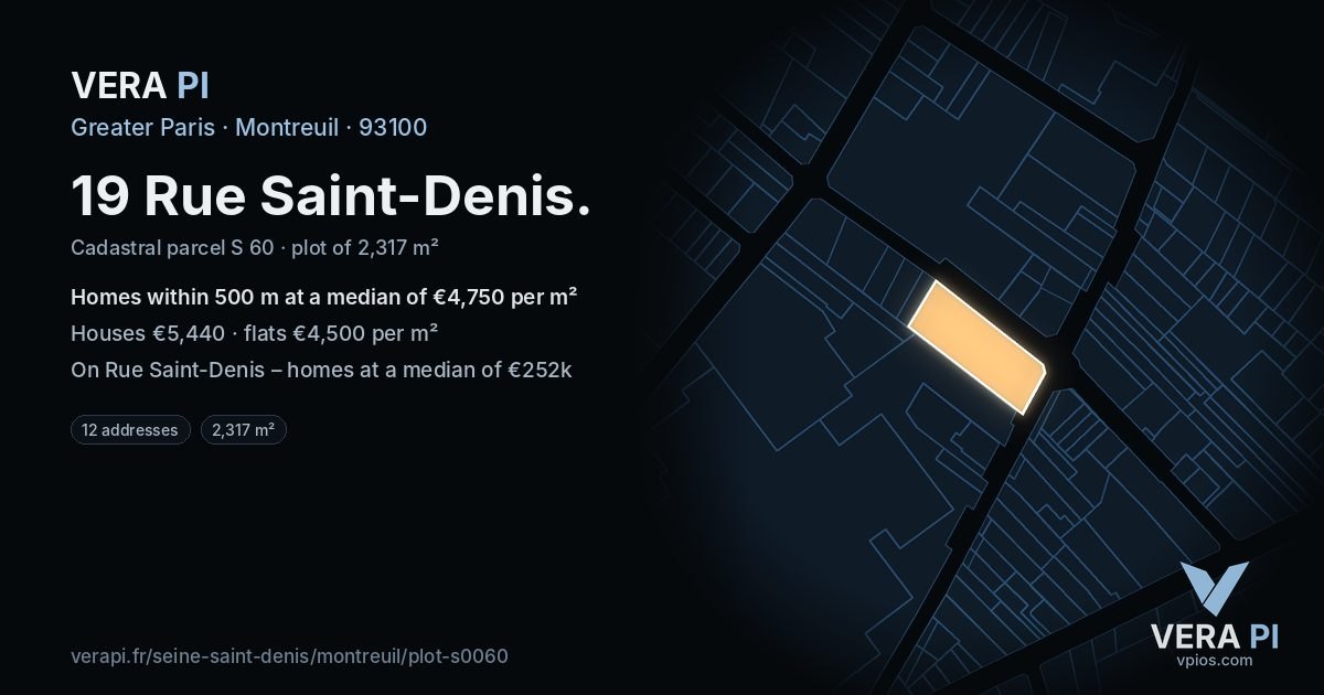 19 Rue Saint-Denis, Montreuil at night – the plot lit, the parcels around coloured by the prices near them