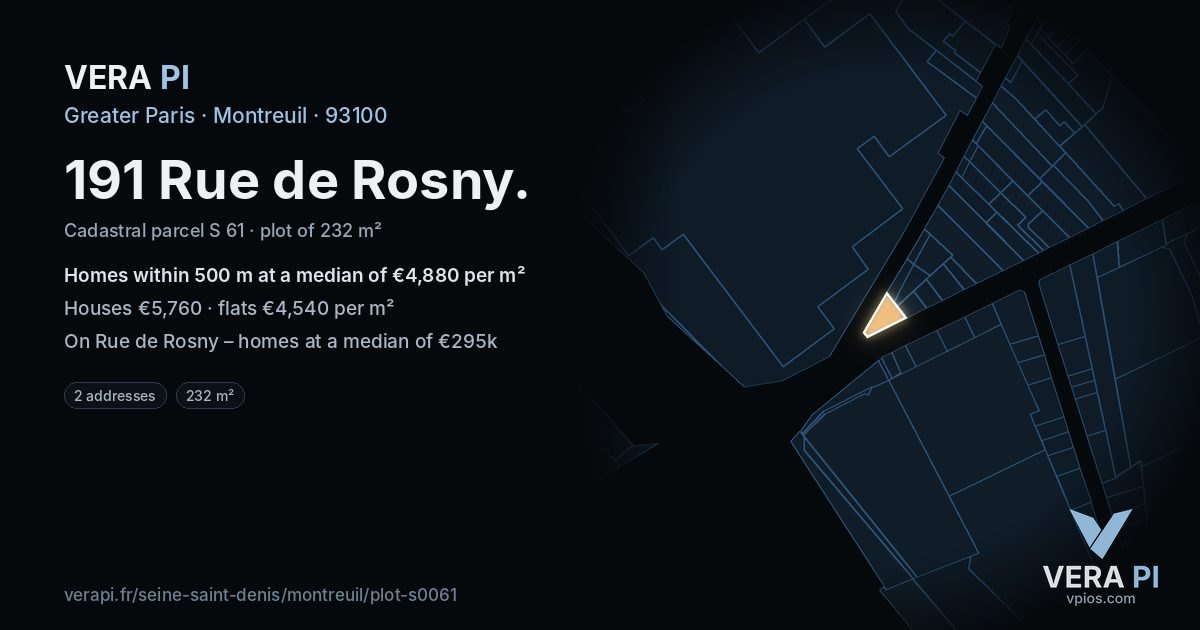 191 Rue de Rosny, Montreuil at night – the plot lit, the parcels around coloured by the prices near them