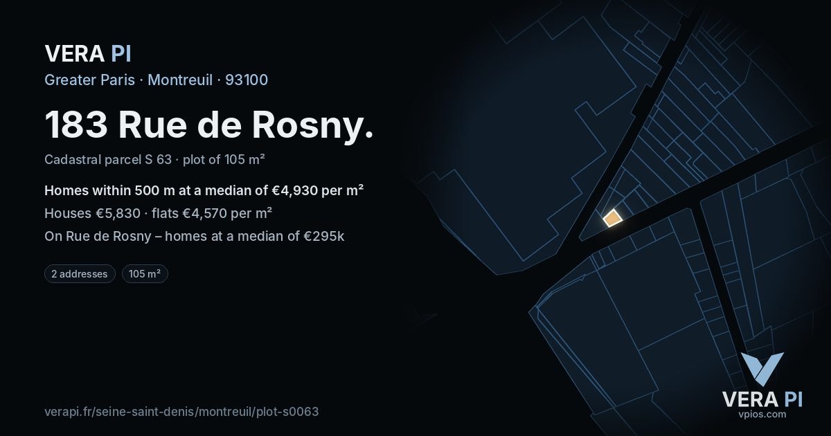 183 Rue de Rosny, Montreuil at night – the plot lit, the parcels around coloured by the prices near them