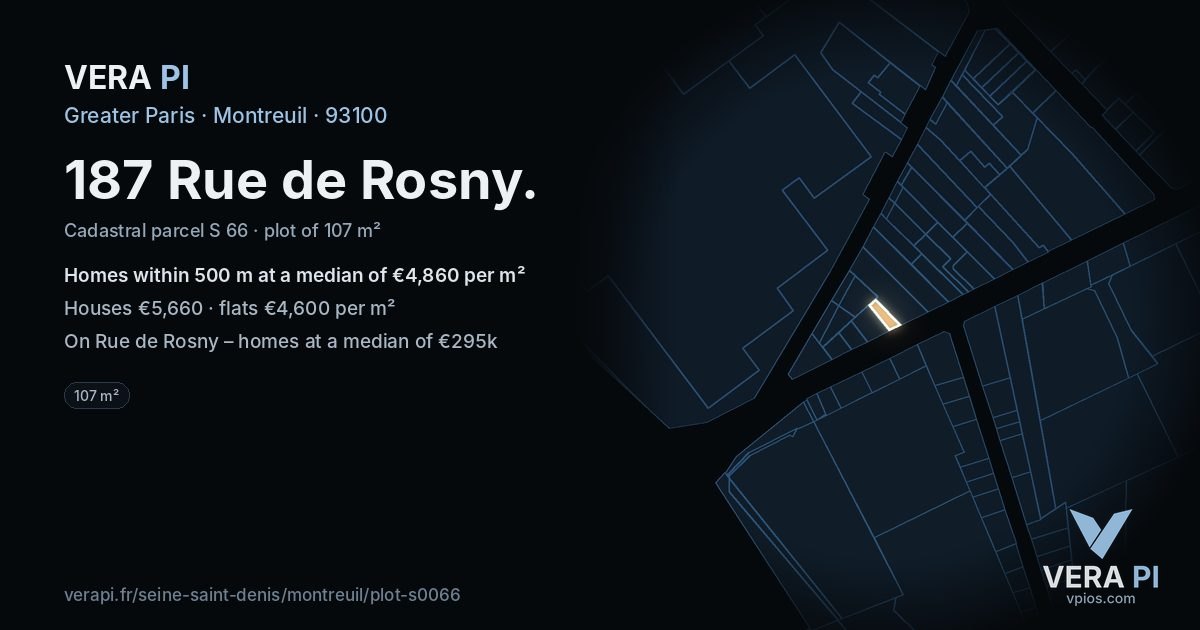 187 Rue de Rosny, Montreuil at night – the plot lit, the parcels around coloured by the prices near them