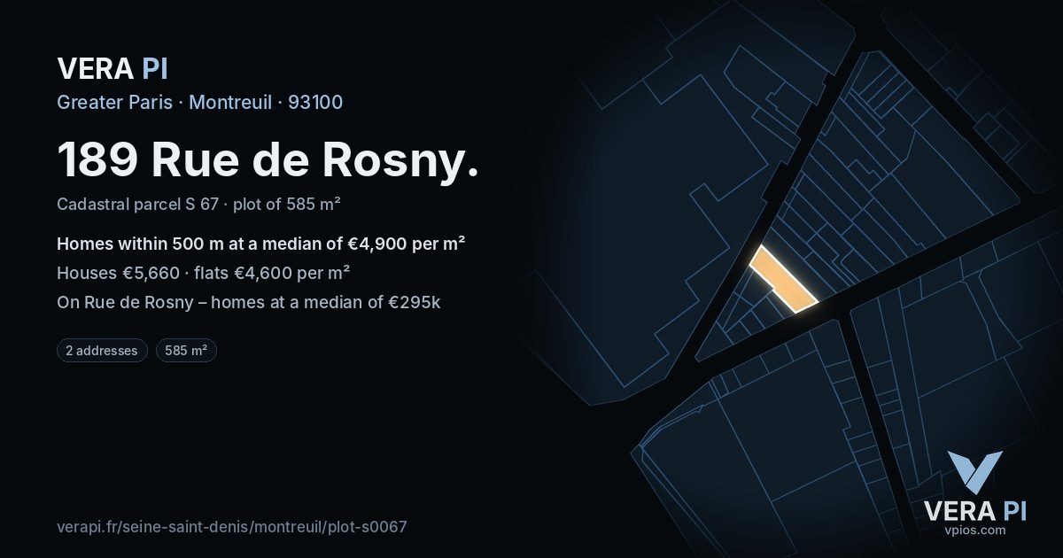 189 Rue de Rosny, Montreuil at night – the plot lit, the parcels around coloured by the prices near them