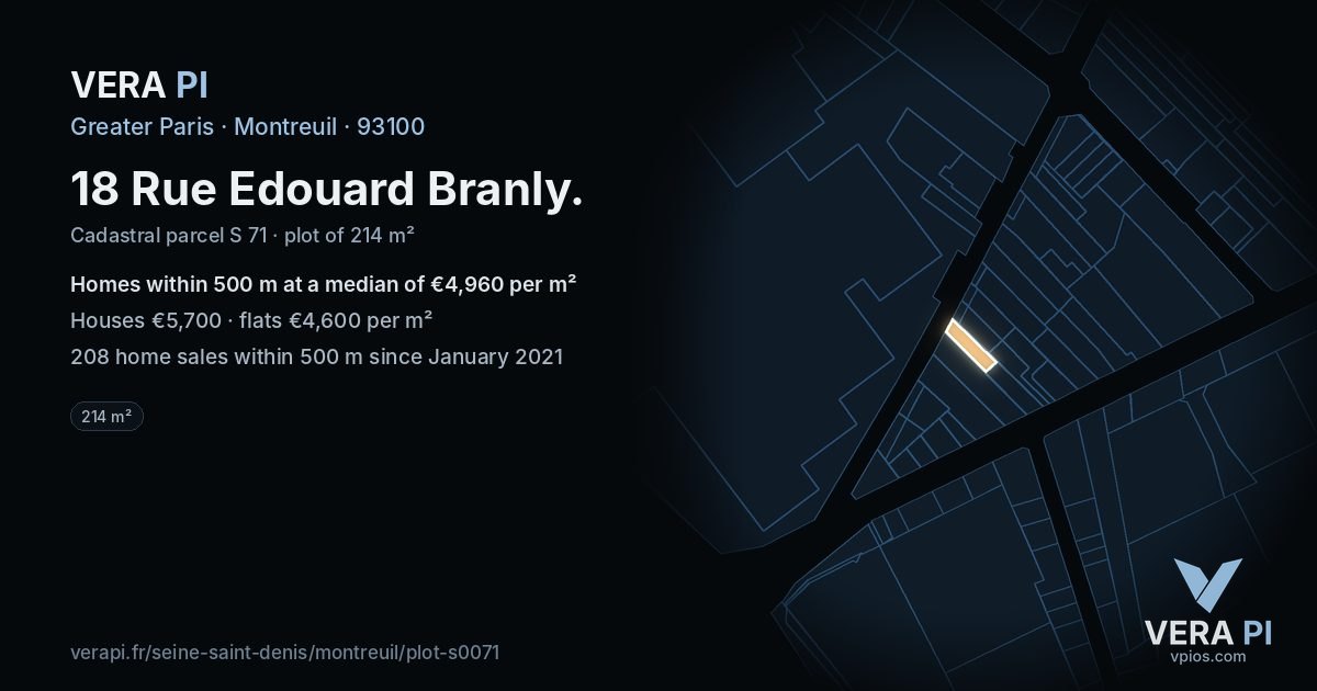 18 Rue Edouard Branly, Montreuil at night – the plot lit, the parcels around coloured by the prices near them