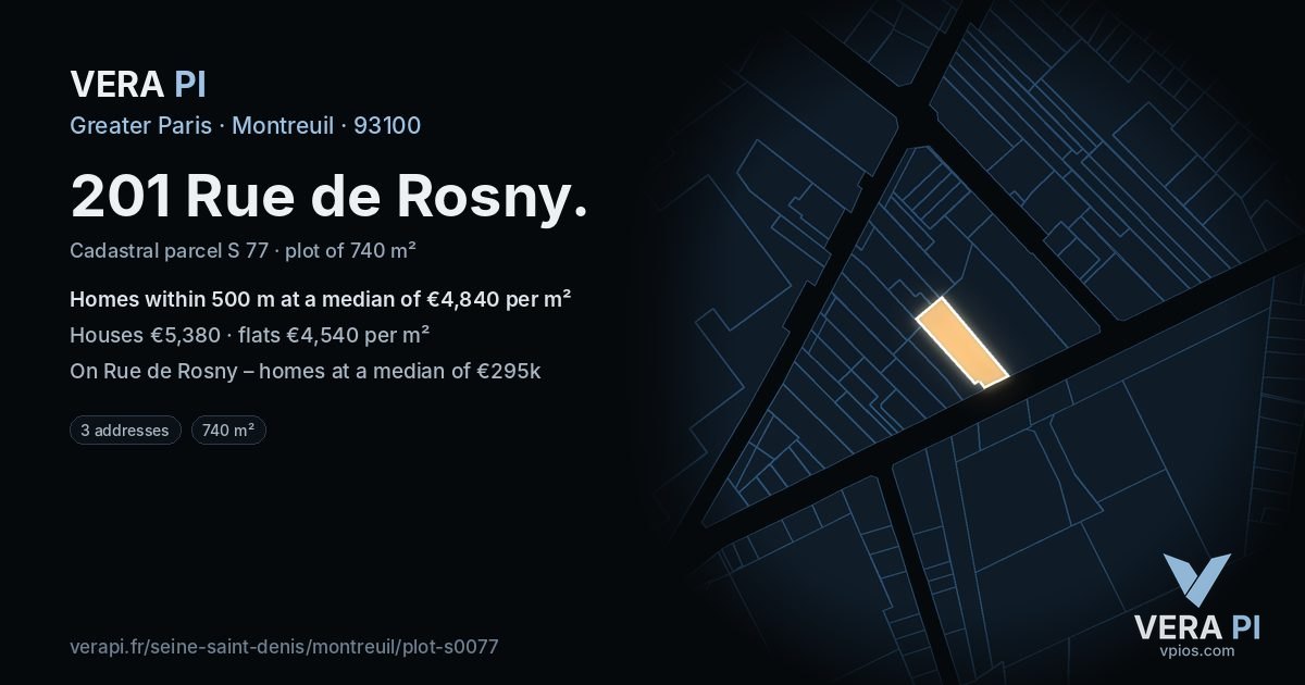 201 Rue de Rosny, Montreuil at night – the plot lit, the parcels around coloured by the prices near them
