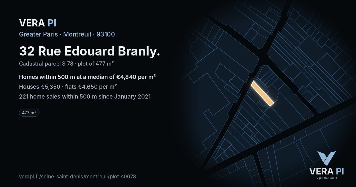 32 Rue Edouard Branly, Montreuil at night – the plot lit, the parcels around coloured by the prices near them