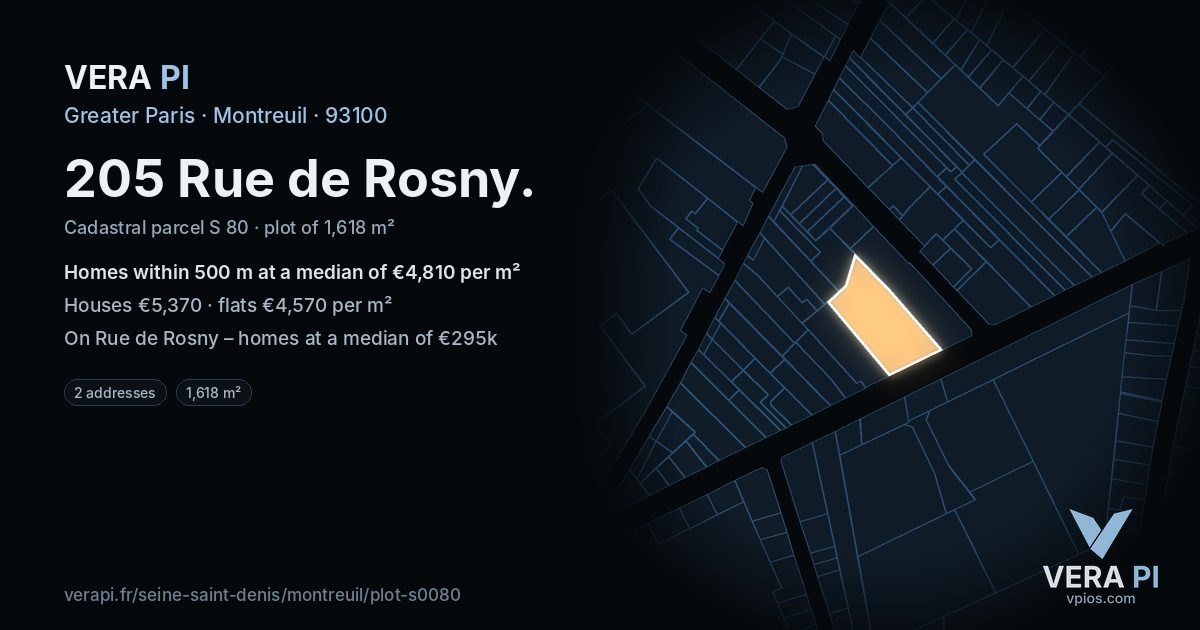 205 Rue de Rosny, Montreuil at night – the plot lit, the parcels around coloured by the prices near them
