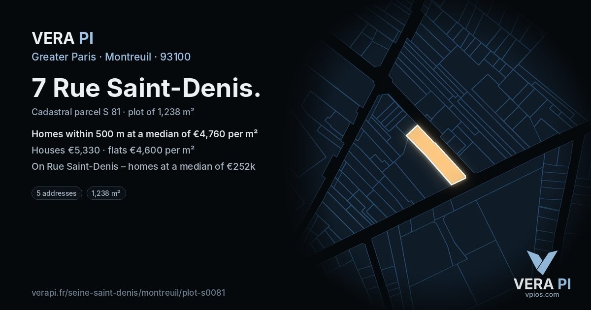7 Rue Saint-Denis, Montreuil at night – the plot lit, the parcels around coloured by the prices near them