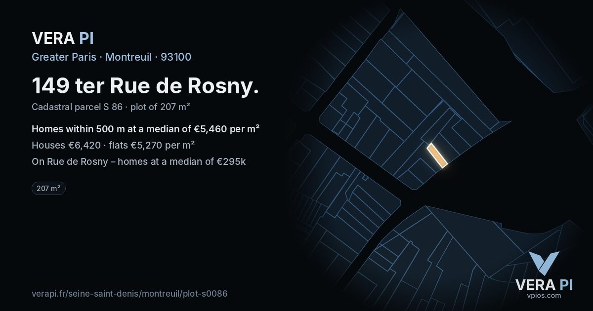 149 ter Rue de Rosny, Montreuil at night – the plot lit, the parcels around coloured by the prices near them