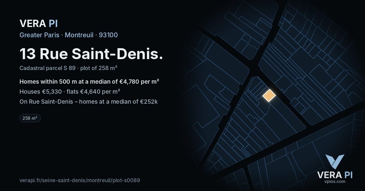 13 Rue Saint-Denis, Montreuil at night – the plot lit, the parcels around coloured by the prices near them