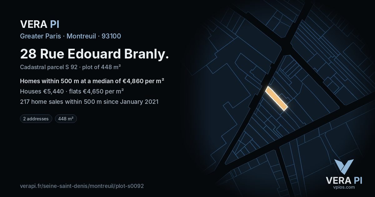 28 Rue Edouard Branly, Montreuil at night – the plot lit, the parcels around coloured by the prices near them
