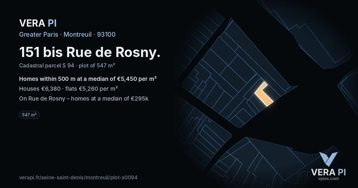 151 bis Rue de Rosny, Montreuil at night – the plot lit, the parcels around coloured by the prices near them