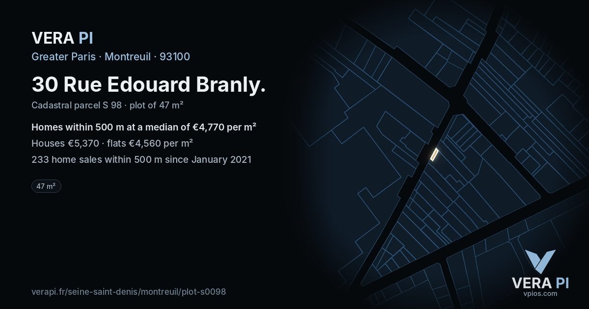 30 Rue Edouard Branly, Montreuil at night – the plot lit, the parcels around coloured by the prices near them