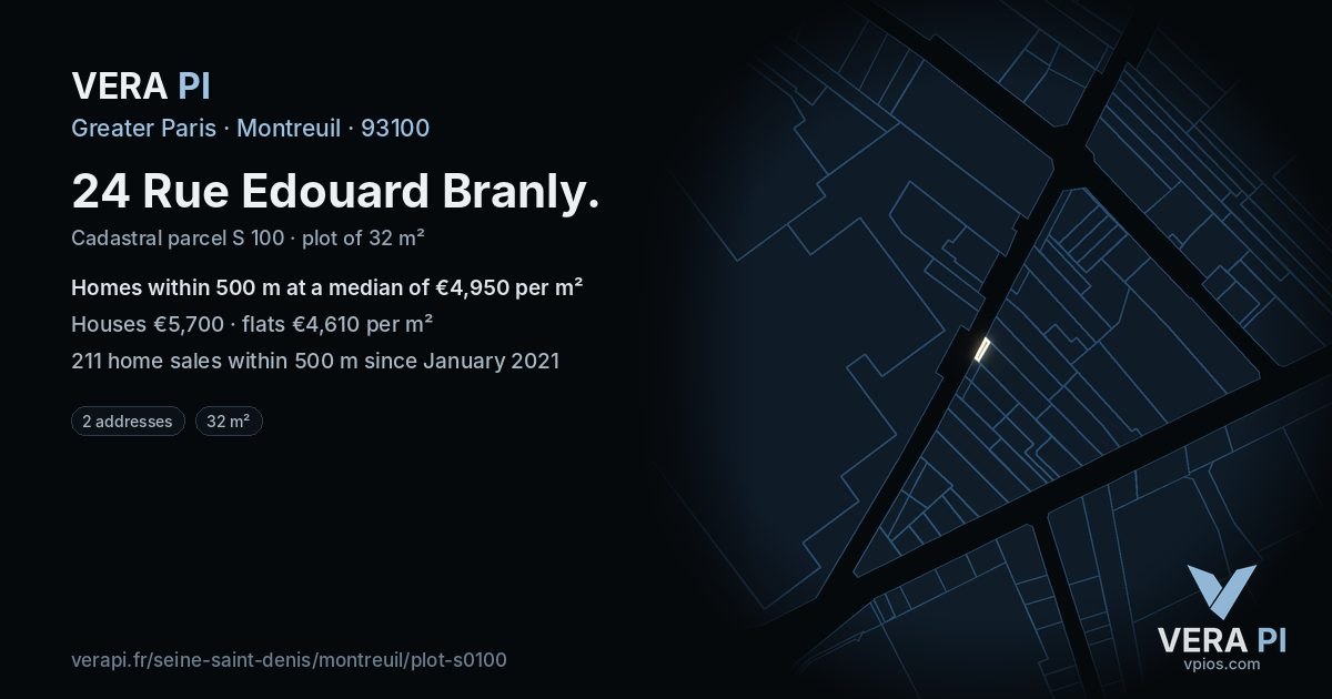 24 Rue Edouard Branly, Montreuil at night – the plot lit, the parcels around coloured by the prices near them